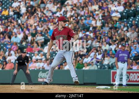 August 12 2022: Arizona pitcher Zach Davies (27) throws a pitch during the game with Saint Louis Cardinals and Colorado Rockies held at Coors Field in Denver Co. David Seelig/Cal Sport Medi Stock Photo