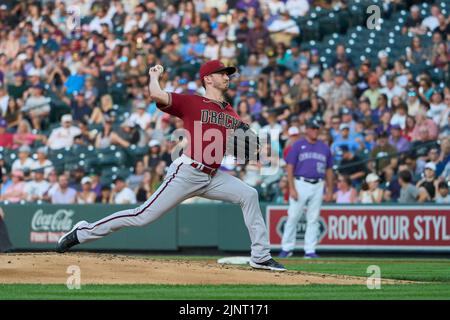 August 12 2022: Arizona pitcher Zach Davies (27) throws a pitch during the game with Saint Louis Cardinals and Colorado Rockies held at Coors Field in Denver Co. David Seelig/Cal Sport Medi Stock Photo