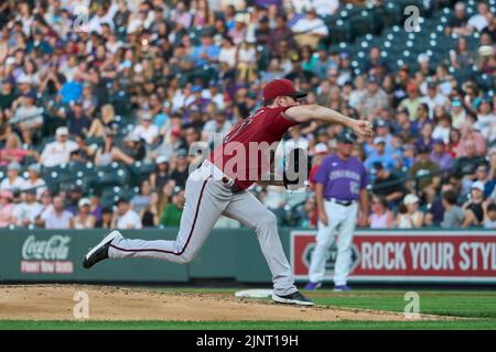 August 12 2022: Arizona pitcher Zach Davies (27) throws a pitch during the game with Saint Louis Cardinals and Colorado Rockies held at Coors Field in Denver Co. David Seelig/Cal Sport Medi Stock Photo