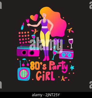 Disco party 70s 80s. Woman drink cocktail retro night party poster. Club boombox radio flyer Stock Vector