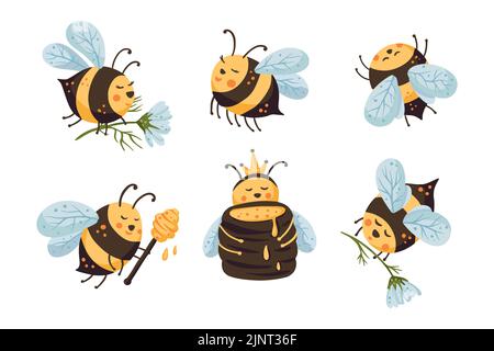 Cute bee cartoon funny vector set. Happy funny adorable character bees Stock Vector