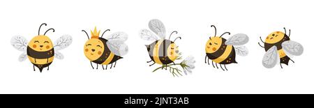 Cute bee cartoon funny vector set. Happy funny adorable character bees Stock Vector