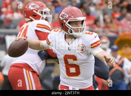 Kansas City Chiefs quarterback Shane Buechele (6) runs with the ball during  an NFL pre-season football game against the Washington Commanders Saturday,  Aug. 20, 2022, in Kansas City, Mo. (AP Photo/Peter Aiken