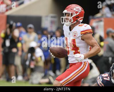 Chicago, United States. 13th Aug, 2022. Kansas City Chiefs wide receiver Justin Watson (84) celebrates his second quarter touchdown against the Chicago Bears during a preseason game at Soldier Field in Chicago on Saturday, August 13, 2022. Photo by Mark Black/UPI Credit: UPI/Alamy Live News Stock Photo