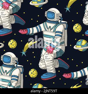 Astronaut seamless space vector pattern. Kids doodle print moon texture platet design Stock Vector