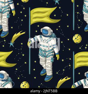 Astronaut seamless space vector pattern. Kids doodle print moon texture platet design Stock Vector