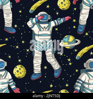 Astronaut seamless space vector pattern. Kids doodle print moon texture platet design Stock Vector
