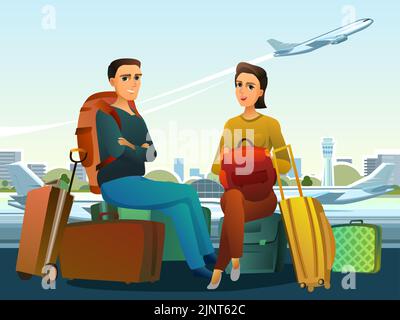 Tourists with backpacks and suitcases. In airport with international flights. Vacation by plane. Sits on luggage and waits. Boy and girl or husband Stock Vector