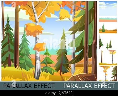 Glade with birches and pines. Autumn landscape. Image from layers for overlay with parallax effect. Beautiful bright rural scene with orange and Stock Vector