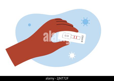 Positive test result for covid-19 virus, holding in hand rapid test for covid infection showing two red lines, performing medical check at home Stock Vector