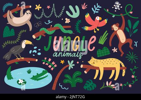 Jungle animals set, tropic mammals, swimming crocodile, hanging sloth, sleeping leopard, flying macaw parrot, various tropical leaves and trees Stock Vector