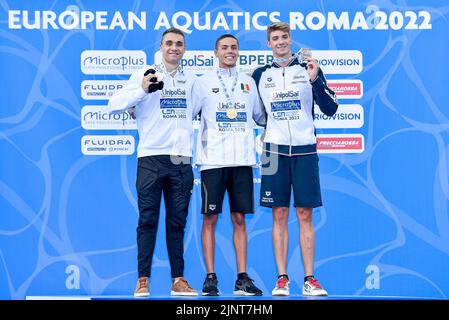 Roma, Italy. 13th Aug, 2022. POPOVICI David ROU ROMANIA World Record Gold Medal, MILAK Kristof HUN HUNGARY Silver Medal, MIRESSI Alessandro ITA ITALY Bronze Medal 100m Freestyle Men Final Swimming UnipolSai Roma, 13/8/2022 Stadio del Nuoto XXVI LEN European Championships Roma 2022 Photo Andrea Staccioli/Deepbluemedia/Insidefoto Credit: Insidefoto di andrea staccioli/Alamy Live News Stock Photo