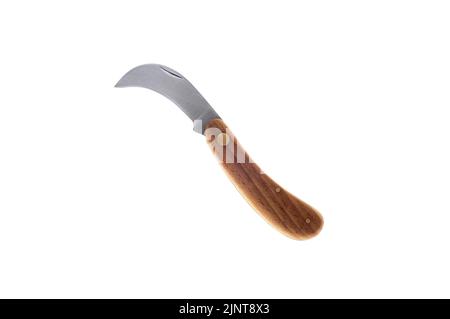 Old-fashioned curved pruning gardening knife. isolated on white background Stock Photo