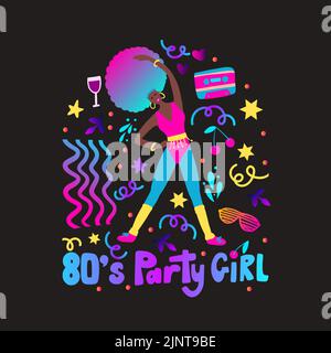 Disco party 70s 80s. Woman boombox aerobic dance retro night party poster. Retro Music Club Fashion Stock Vector