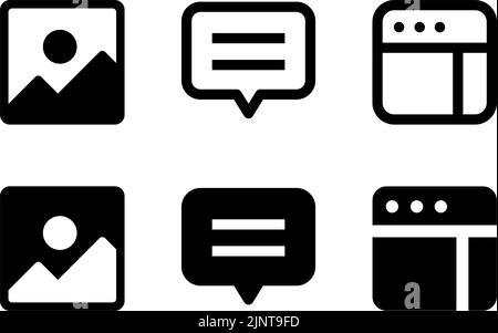 Photo-picture, message and menu icon in modern style icons are located on white and black backgrounds. The pack has six icons.. Stock Vector