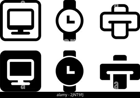 Printer and computer icon and clock icon flat design in modern style icons are located on white and black backgrounds. The pack has six icons.. Stock Vector