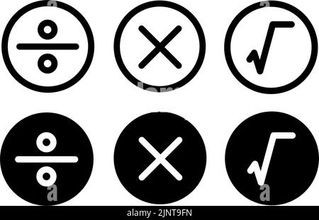 Set of plus minus multiply devide root mathematics symbol Modern style icons are located on white and black backgrounds. The pack has six icons.. Stock Vector