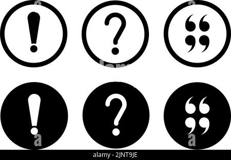 Question mark and quotation mark and exclamation mark modern style icons are located on white and black backgrounds. The pack has six icons.. Stock Vector