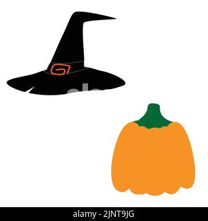 Halloween set consisting of a pumpkin and witches head. Isolate. Print design. Template for wrapping paper, poster, postcard, greeting card, price tag, banner. Lifestyle. Stock Vector