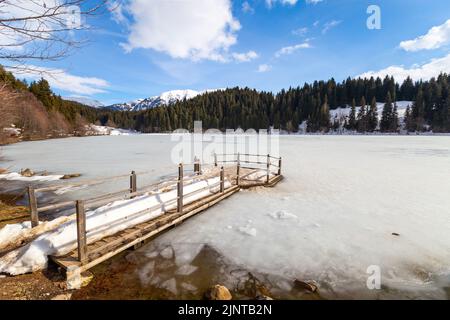 Karagöl located in Artvin province of Turkey. Frozen lake Stock Photo