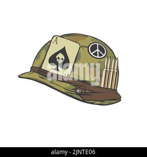 Vietnam war american soldier helmet in hand drawn style for print and design. Vector illustration. Stock Vector