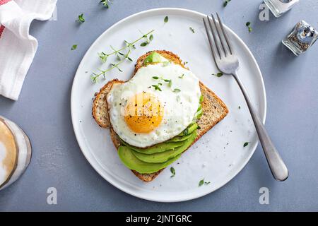 Avocado toast on a toasted multigrain bread with a fried egg Stock Photo
