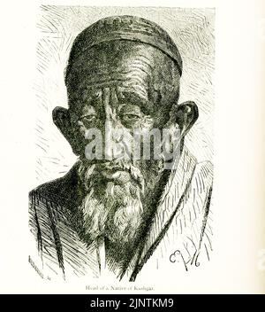 The caption for this map from The Travels of Marco Polo Vol I  as translated by Henry Yule reads: “Head of a native of Kashgar.” Kashgar is a city in the Xinjiang Uyghur Autonomous Region, in China’s far west. It was a stop on the Silk Road. Marco Polo was a Venetian traveler who left Venice, Italy, with his father Niccolo and uncle Maffeo in 1271. He arrived in China in 1275 where Kublai Khan had his court, and returned home in 1294.  Note that the city of Kinsai, the so-called 'Heavenly City,' was called by Marco Polo Coromoran. Kanbaliq is Turkic for what is today Beijing. Polo called it Ca Stock Photo