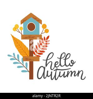 Hello autumn birdhouse fall season vector elements Stock Vector