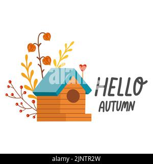 Hello autumn birdhouse fall season vector elements Stock Vector