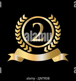 2nd, Second Anniversary Celebration Gold and Black Template. Luxury Style Gold Heraldic Crest Logo Element Vintage Laurel Vector Stock Vector