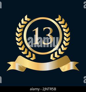 13th Anniversary Celebration Gold and Black Template. Luxury Style Gold Heraldic Crest Logo Element Vintage Laurel Vector Stock Vector