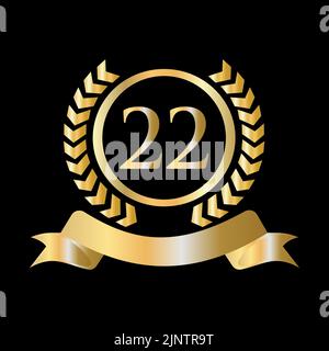 Twenty Two, 22nd Anniversary Celebration Gold and Black Template. Luxury Style Gold Heraldic Crest Logo Element Vintage Laurel Vector Stock Vector