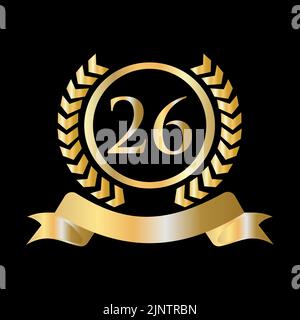 Twenty Sixth, 26th Anniversary Celebration Gold and Black Template. Luxury Style Gold Heraldic Crest Logo Element Vintage Laurel Vector Stock Vector