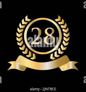 28th Anniversary Celebration Gold and Black Template. Luxury Style Gold Heraldic Crest Logo Element Vintage Laurel Vector Stock Vector