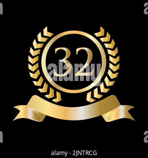 32th Anniversary Celebration Gold and Black Template. Luxury Style Gold Heraldic Crest Logo Element Vintage Laurel Vector Stock Vector