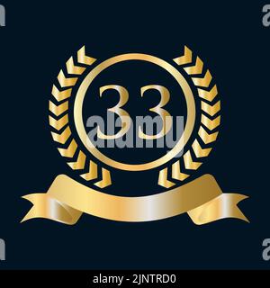 33rd Anniversary Celebration Gold and Black Template. Luxury Style Gold Heraldic Crest Logo Element Vintage Laurel Vector Stock Vector