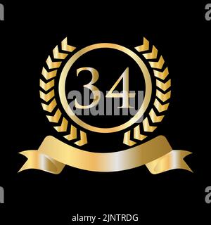 34th Anniversary Celebration Gold and Black Template. Luxury Style Gold Heraldic Crest Logo Element Vintage Laurel Vector Stock Vector