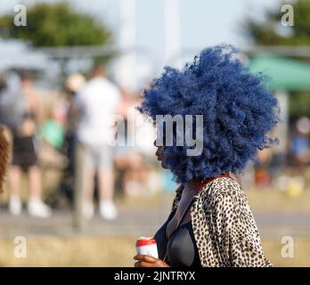 A black woman with blue afro hair, green sunglasses holding a beer can, outdoors at a festival, with people out of focus in the background Stock Photo