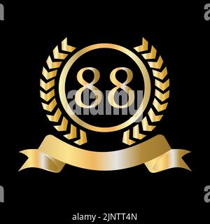 Eighty Eight, 88 Years Anniversary Celebration Gold and Black Template. Luxury Style Gold Heraldic Crest Logo Element Vintage Laurel Vector Stock Vector