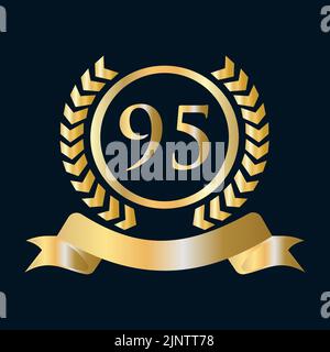 Ninety Five, 95th Anniversary Celebration Gold and Black Template. Luxury Style Gold Heraldic Crest Logo Element Vintage Laurel Vector Stock Vector