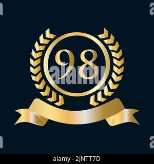 Ninety Eight, 98th Anniversary Celebration Gold and Black Template. Luxury Style Gold Heraldic Crest Logo Element Vintage Laurel Vector Stock Vector