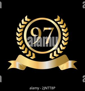 Ninety Seven, 97th Anniversary Celebration Gold and Black Template. Luxury Style Gold Heraldic Crest Logo Element Vintage Laurel Vector Stock Vector
