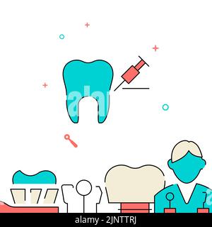Tooth anesthesia filled line vector icon, simple illustration, related bottom border. Stock Vector