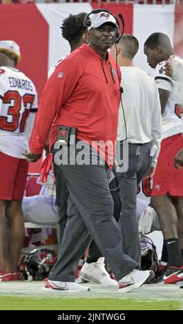 Tampa, United States. 13th Aug, 2022. Tampa Bay Buccaneers head coach Todd Bowles walks the sidelines during the first half of their preseason game against the Miami Dolphins at Raymond James Stadium in Tampa, Florida on Saturday, August 13, 2022. Photo by Steve Nesius/UPI Credit: UPI/Alamy Live News Stock Photo
