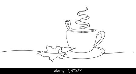 continuous of autumn hot drink and maple leaf vector illustration. a cup with steam and cinnamon and maple leaf decoration. Stock Vector