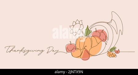continuous line colored drawing style of cornucopia vector illustration. thanksgiving day script font background minimalism copy space. Stock Vector