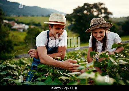 Passing down his wealth of farming knowledge. Full length shot of a handsome man and his young daughter working the fields on their farm. Stock Photo