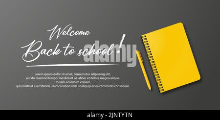 Holiday for students. Back to school. Vector banner concept with notebook and pen on black background. Place for text. Education poster. Small handwri Stock Vector