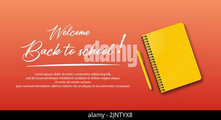 Back to school. Holiday for students. Vector banner concept with notebook and pen on autumn orange background. Small handwritten text back to school. Stock Vector