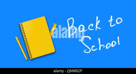 Back to school. Holiday for students. Small handwritten text back to school. Place for text. Education poster. Vector banner concept with notebook and Stock Vector
